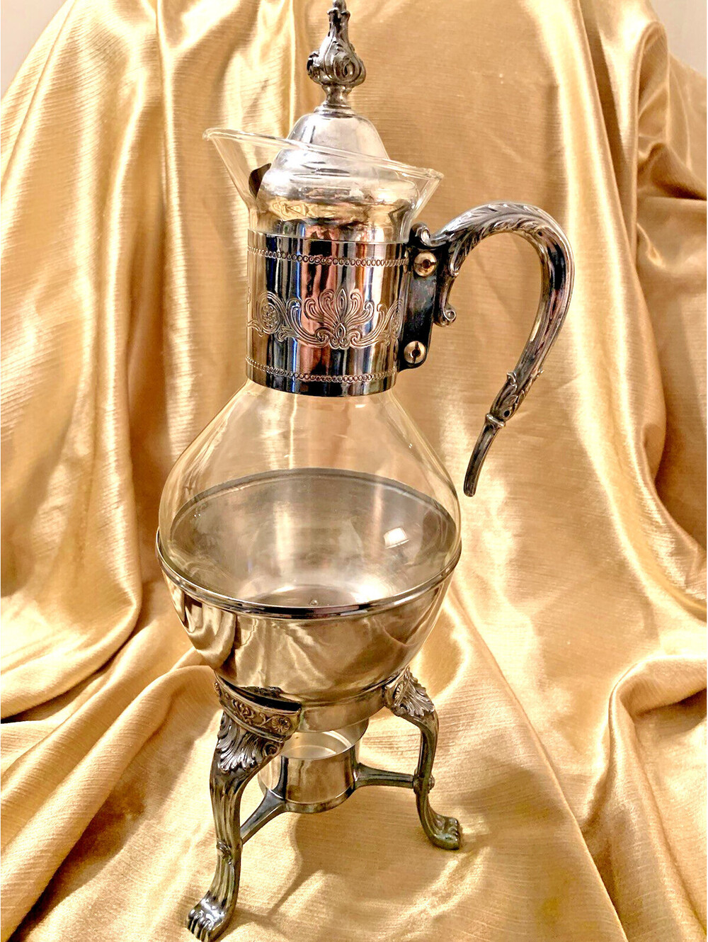 Vintage Pilgrim Silver Plated Glass Coffee Tea Carafe Pot with Warming Stand